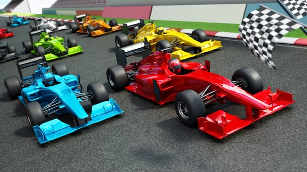 Racing cars on the track with waving checkered flag. 3D illustration.