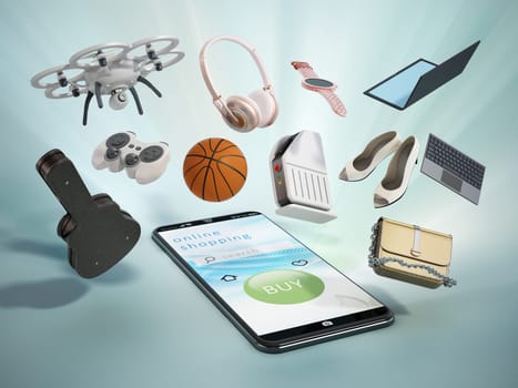Smartphone with online shopping interface and objects floating in the air. 3D illustration.