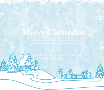 Happy New year card with Santa and winter landscape