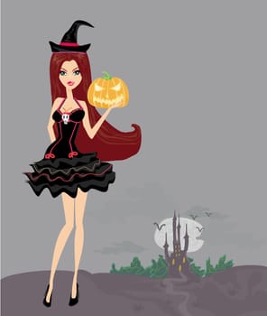 Halloween young sexy witch standing with pumpkin on fear castle background