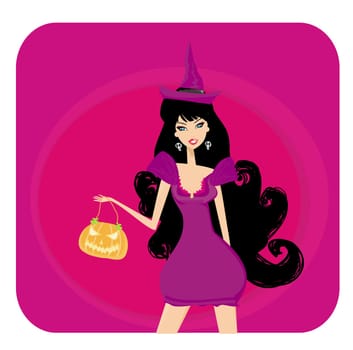 Halloween witch standing with pumpkin