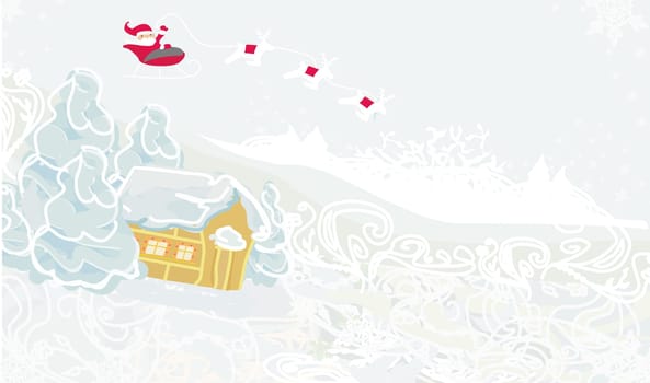 Happy New year card with Santa and winter landscape