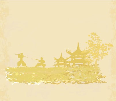 Samurai silhouette in Asian Landscape