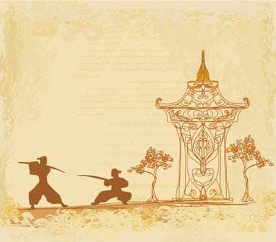 Samurai silhouette in Asian Landscape