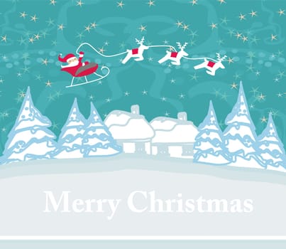 Happy New year card with Santa and winter landscape