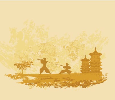 Samurai silhouette in Asian Landscape
