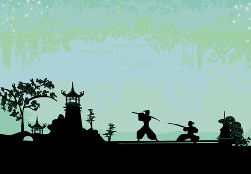 Samurai silhouette in Asian Landscape