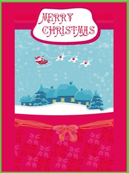 Happy New year card with Santa and winter landscape