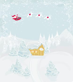 Happy New year card with Santa and winter landscape