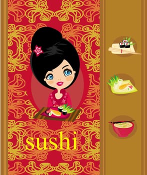 beautiful Asian girl enjoy sushi - set menu template