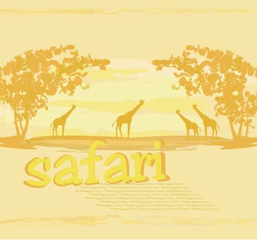 grunge background with giraffe silhouette on African fauna and flora