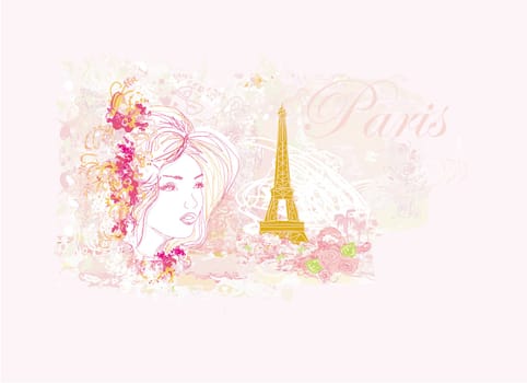 beautiful girl portrait with tour eiffel tower on the abstract background