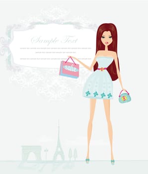 beautiful women Shopping in Paris - vector card