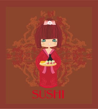 beautiful Asian girl enjoy sushi - menu template