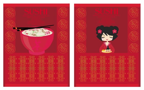 beautiful Asian girl enjoy sushi - set menu template