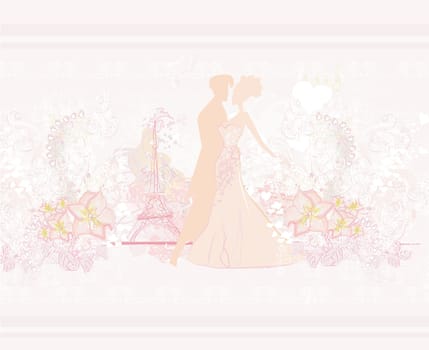 Romantic wedding couple in Paris dancing near the Eiffel Tower. Silhouette