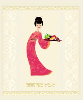 beautiful Asian girl enjoy sushi - menu template