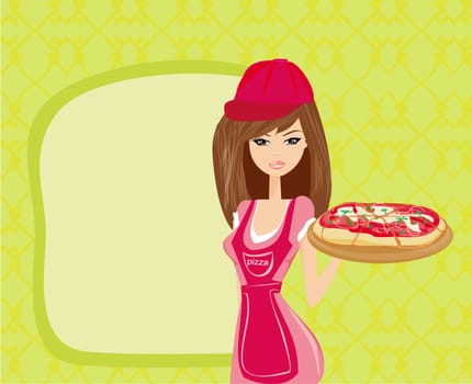 beautiful woman waitress enjoys pizza