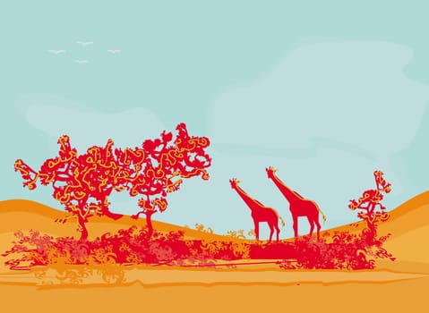 grunge background with giraffe silhouette on African fauna and flora