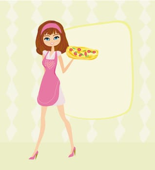 beautiful woman waitress enjoys pizza