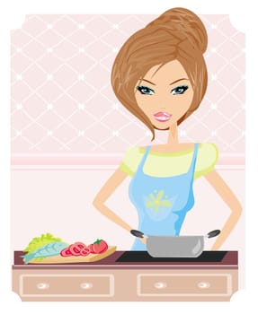 Beautiful lady cooking fish soup