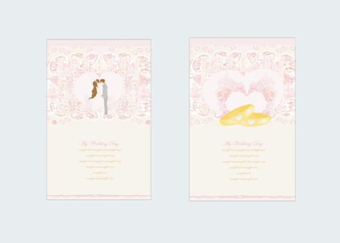 elegant wedding invitation with rings and wedding couple - set