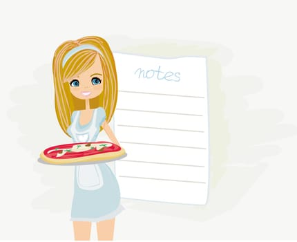 beautiful woman waitress enjoys pizza