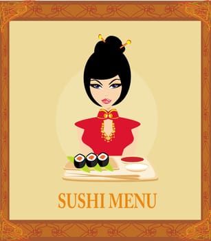 beautiful Asian girl enjoy sushi - menu template