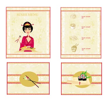 beautiful Asian girl enjoy sushi - set menu template