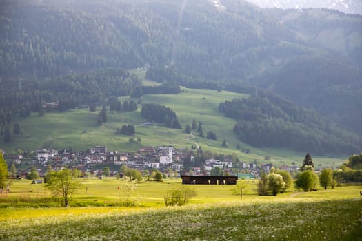 The city of Lermoos, Austria with the Alps mountains in the background.