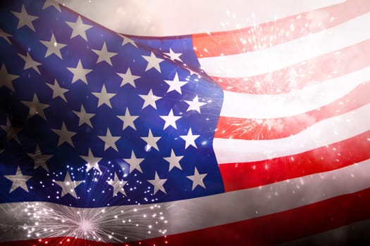 Celebrating Independence Day. United States of America USA flag with fireworks background for 4th of July