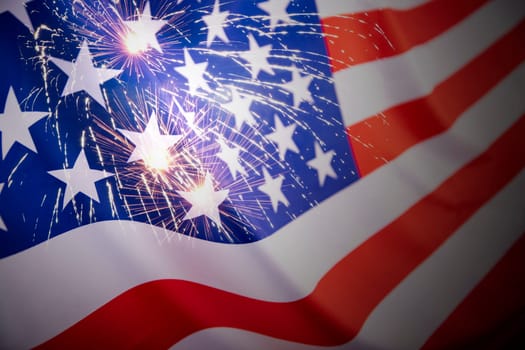 Celebrating Independence Day. United States of America USA flag with fireworks background for 4th of July