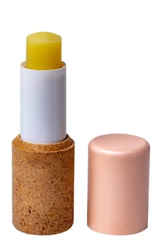 Lip balms. Close-up of a pink brown lip care stick or chapstick isolated on a white background. Macro. Cosmetics for face. Concept beauty. Space.