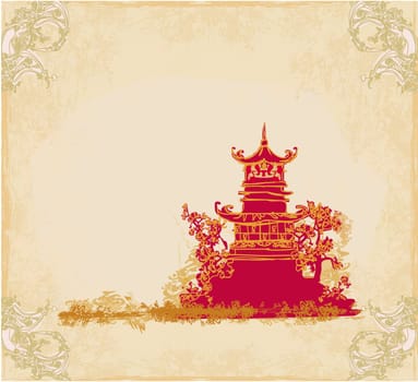 old paper with Japanese Temple on Asian Landscape