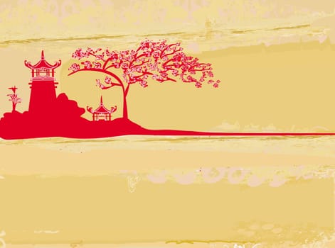 old paper with Japanese Temple on abstract Asian Landscape