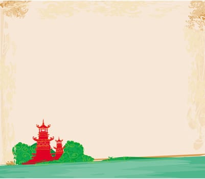 old paper with Japanese Temple on abstract Asian Landscape