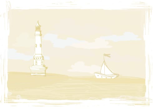 lighthouse seen from a tiny beach - Grunge Poster