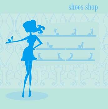 Fashion girl silhouette shopping in shoe shop