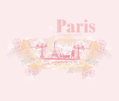 Romantic couple silhouette in Paris kissing near the Eiffel Tower Retro card