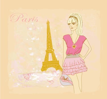 beautiful women Shopping in Paris - vector card