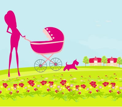 Pregnant woman silhouette pushing a stroller walking with her dog in a park