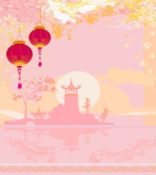 old paper with Asian old building and Chinese Lanterns