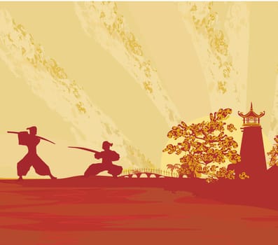 Samurai silhouette in Asian Landscape