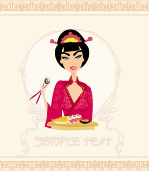beautiful Asian little girl enjoy sushi - menu template