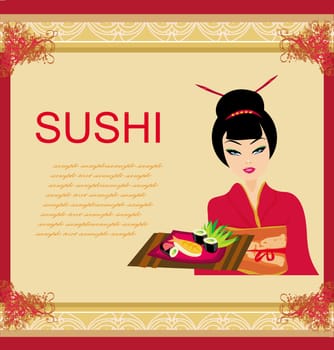 beautiful Asian girl enjoy sushi - menu template