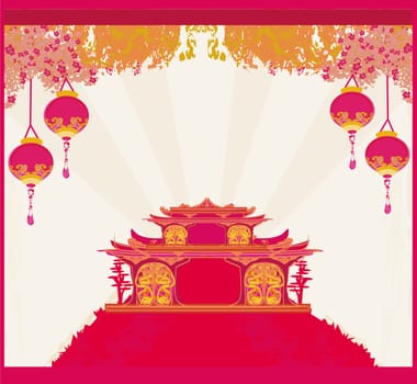 old paper with Asian Landscape and Chinese Lanterns