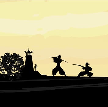 Samurai silhouette in Asian Landscape