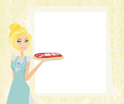 beautiful woman waitress enjoys pizza