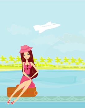 beauty travel girl with baggage on airport