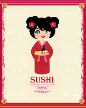 beautiful Asian little girl enjoy sushi - menu template